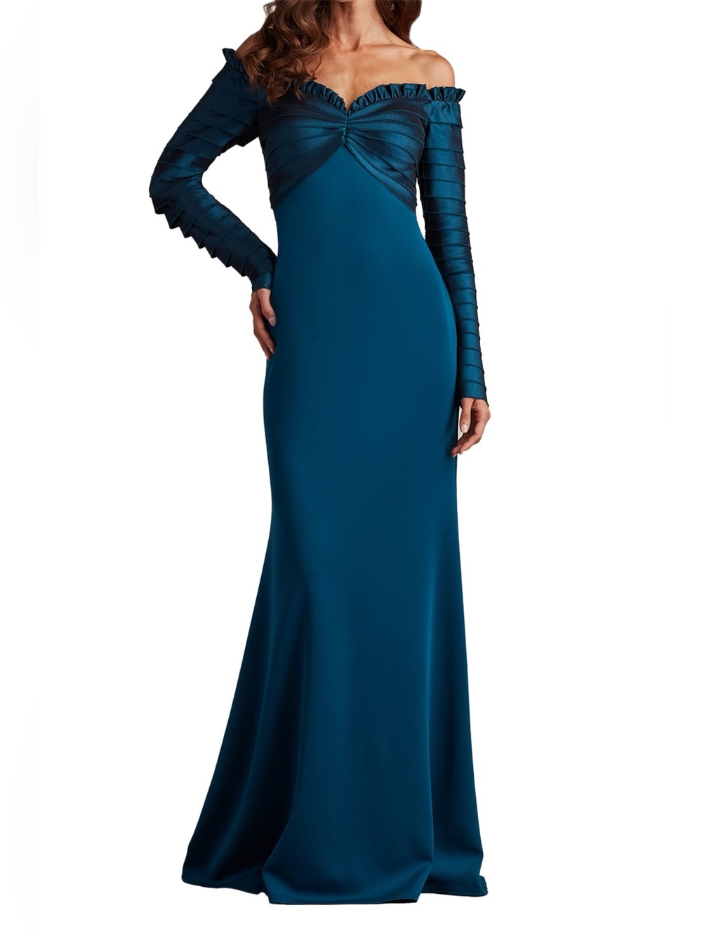 NEW Tadashi Shoji Off the Shoulder Long Sleeve Mermaid Gown in Teal Blue, Size 6